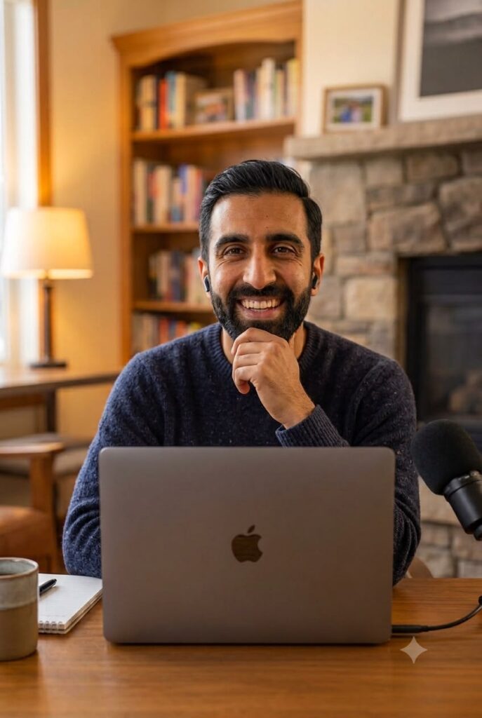 Man smiling during an online therapy session on his laptop