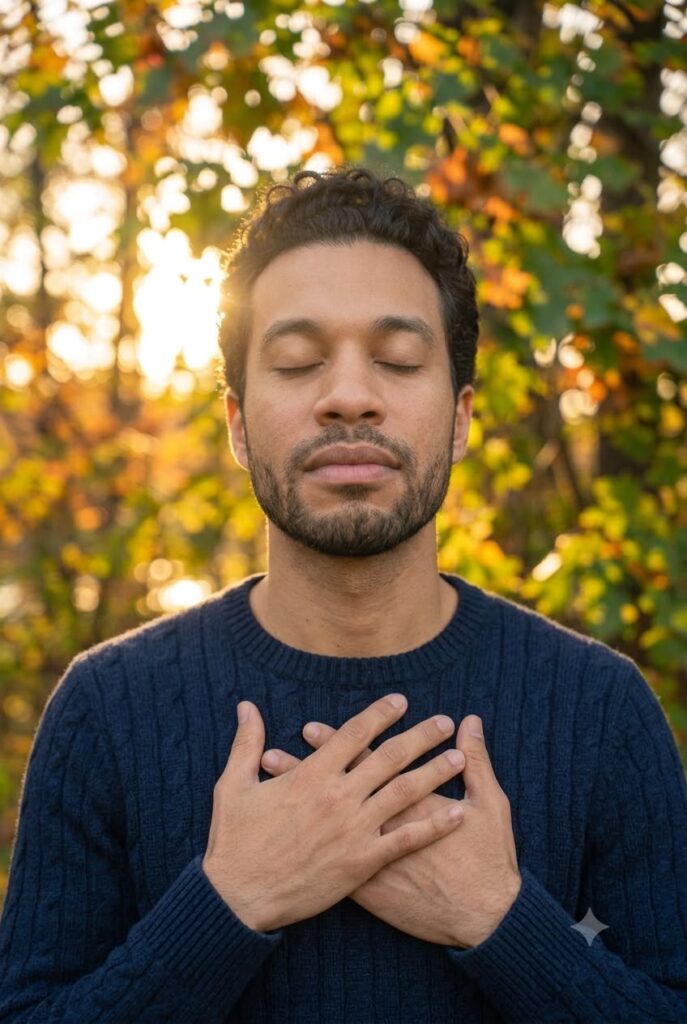 Man taking a calm breath with his hands on his chest