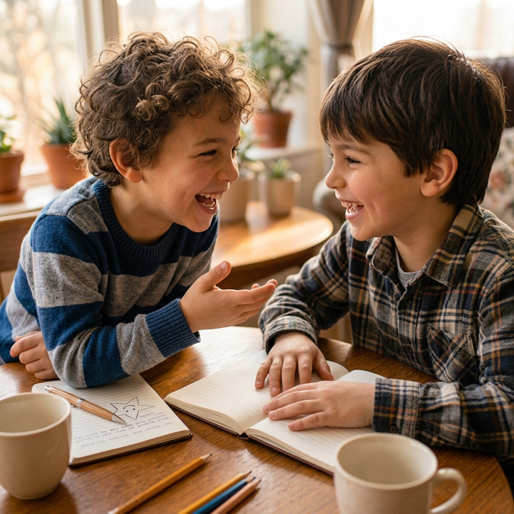 Two boys laughing together at home