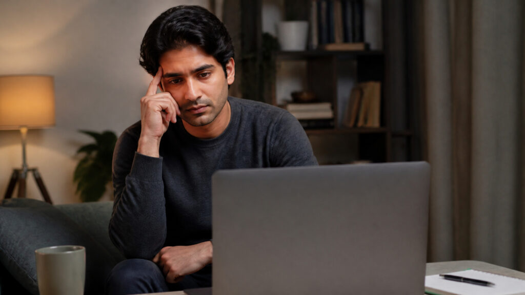 Man stressed at work and looking for online counselling