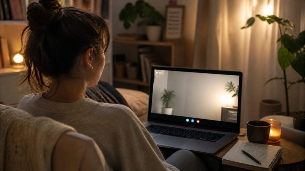Woman joining an online counselling session from home