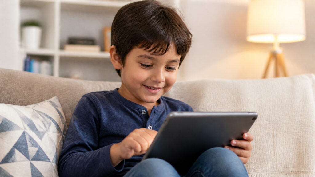 Smiling child using a tablet at home